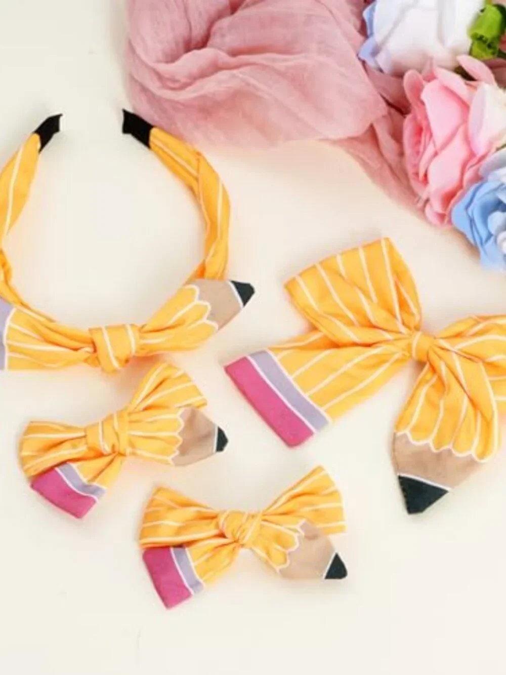 Pencil Hair Bow Clips Headband Set 4pcs Silk Hair Accessories